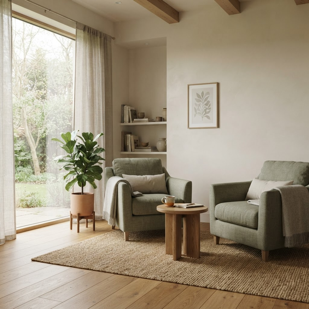 A calm, welcoming therapy office with two armchairs by a window